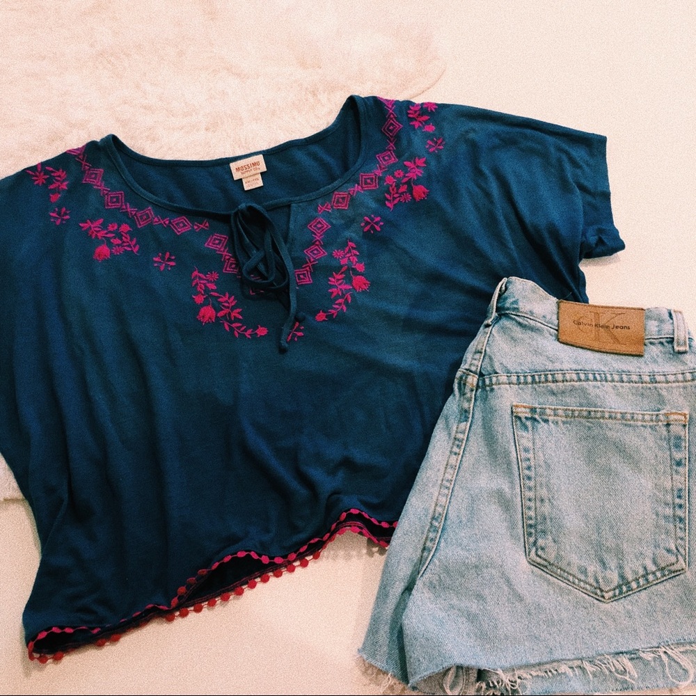 Blue Boho Front Tie Crop Top